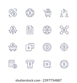 Bitcoin icon set. Thin line icon. Editable stroke. Containing exchange, search, load, calculator, network, billing, check, ticket, cart, bitcoin.