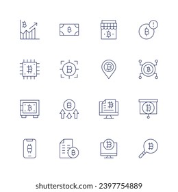 Bitcoin icon set. Thin line icon. Editable stroke. Containing graph, chip, safebox, smartphone, money, objective, increase, seed phrase, store, placeholder, bitcoin.