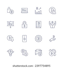 Bitcoin icon set. Thin line icon. Editable stroke. Containing padlock, presentation, value, hot air balloon, analysis, unlock, smartphone, exchange, statistics, bitcoin.