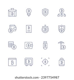 Bitcoin icon set. Thin line icon. Editable stroke. Containing briefcase, wallet, calculator, calendar, idea, statement, safe box, secure payment, bitcoin, bitcoin mining.