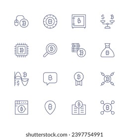 Bitcoin icon set. Thin line icon. Editable stroke. Containing pay per click, data encryption, chart, money laundering, cryptocurrency, search, information, pin, safe box, bitcoins, bitcoin.