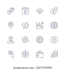 Bitcoin icon set. Thin line icon. Editable stroke. Containing usb flash drive, location, investor, pay, present, piggy bank, exchange, target, bitcoin, bitcoins, bitcoin wallet, bitcoin symbol.