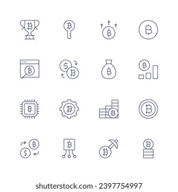 Bitcoin icon set. Thin line icon. Editable stroke. Containing trophy, searcher, chip, money exchange, key, exchange, bitcoin, bitcoins, diagram.