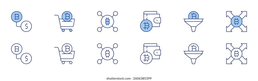 Bitcoin icon set in two styles, Duotone and Thin Line style. Editable stroke. wallet, currency exchange, filter, cart, bitcoin.
