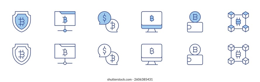 Bitcoin icon set in two styles, Duotone and Thin Line style. Editable stroke. shield, folder, talk, computer, wallet, cryptocurrency.