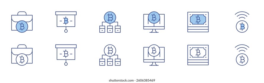 Bitcoin icon set in two styles, Duotone and Thin Line style. Editable stroke. payment, briefcase, cash, presentation, bitcoin.