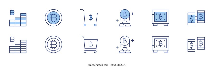 Bitcoin icon set in two styles, Duotone and Thin Line style. Editable stroke. gold, safebox, exchange, bitcoin