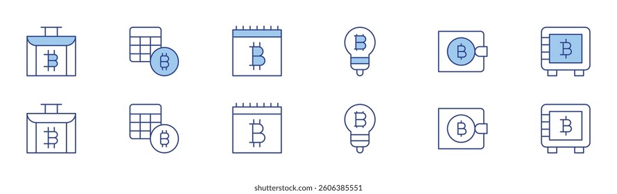 Bitcoin icon set in two styles, Duotone and Thin Line style. Editable stroke. briefcase, calculator, calendar, idea, wallet, safe box.