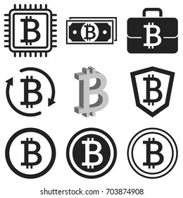 Bitcoin icon set. Vector illustrations for articles about mining, exchange of crypto currency, e-money and investments. Black bitcoin symbols isolated on white.