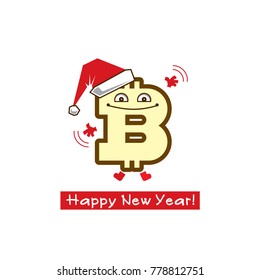 Bitcoin icon with smile. Concept with a cheerful holiday, New Year. Vector illustration on white background.
