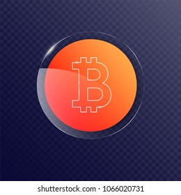 Bitcoin icon, vector sign, payment symbol, orange logo. 3D Gloss plate, Crypto currency, virtual internet money. Glass button. Embleme isolated on white. Cryptocurrency e-commerce