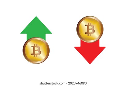 Bitcoin icon.Rise and fall in the value of bitcoin. Red and green arrows.Growth and fall concept in trading. Vector Cryptocurrency.Bitcoin in bullish or bearish market trend. Coin price.