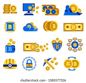 Bitcoin icons collection for cryptocurrency mining and exchange rate concept