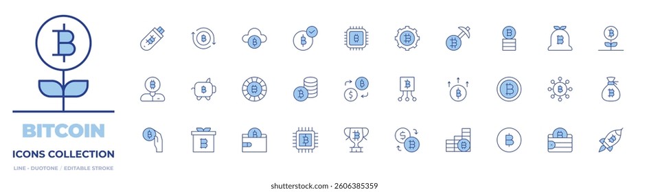 Bitcoin icons collection. Line Duotone style, editable stroke. usb flash drive, trophy, investor, chip, pay, money exchange, present, money bag, piggy bank.
