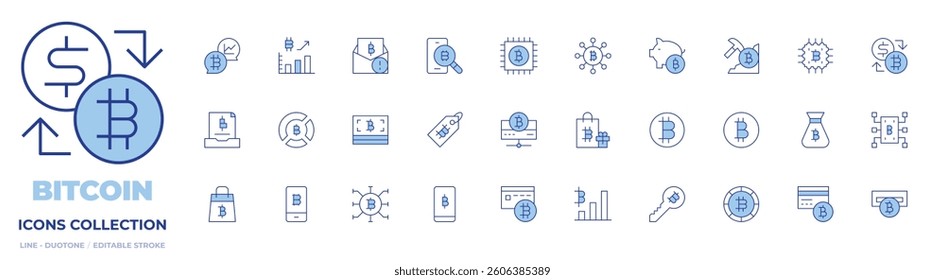 Bitcoin icons collection. Line Duotone style, editable stroke. chip, credit card, talk, shopping, statistics, money bag, record, program, connection, atm machine.