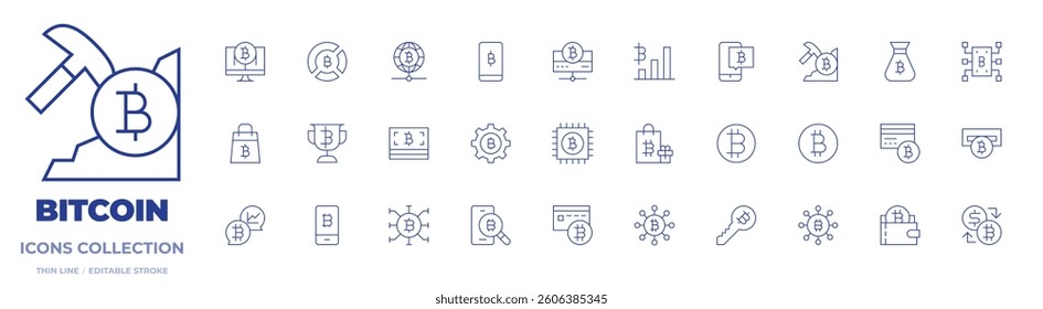 Bitcoin icons collection. Thin Line icons, editable stroke. payment, chip, talk, credit card, shopping, statistics, trophy, connection, smartphone, chart, key.