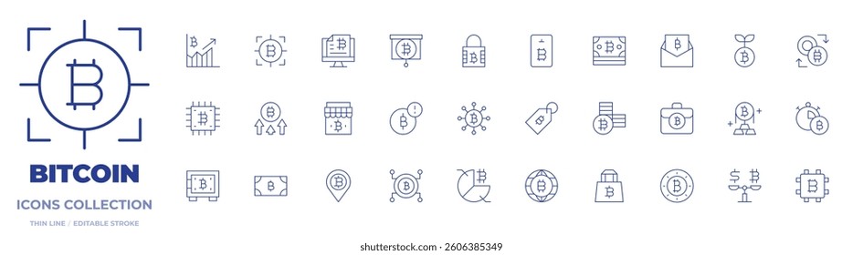 Bitcoin icons collection. Thin Line icons, editable stroke. graph, security, gold, chip, pie chart, balance, safebox, cash, growth, money, tag, timer, objective, card.