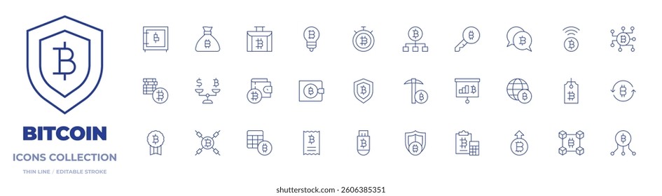 Bitcoin icons collection. Thin Line icons, editable stroke. briefcase, document, wallet, statistics, calculator, key, idea, rise in value, statement, world