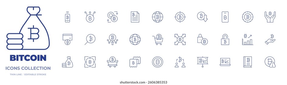 Bitcoin icons collection. Thin Line icons, editable stroke. exchange, padlock, search, presentation, load, value, network, analysis, billing, unlock, check, cart.