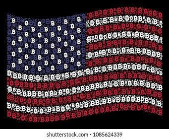 Bitcoin icons are combined into waving USA flag abstraction on a dark background. Vector composition of USA state flag is composed with Bitcoin elements. Designed for political and patriotic agitprop.