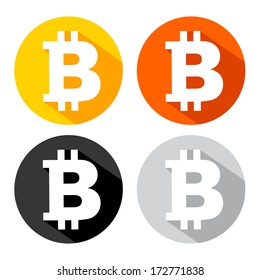 Bitcoin icons design with long shadow isolated on white.