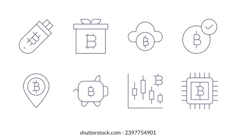 Bitcoin icons. Editable stroke. Containing usb flash drive, location, present, piggy bank, bitcoin, bitcoins, bitcoin accepted.