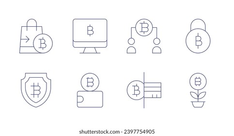 Iconos de bitcoin. Trazo editable. Con bolsa de compra, escudo, computadora, billetera, blockchain, bitcoin.