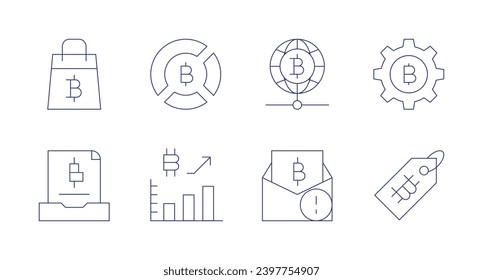 Bitcoin icons. Editable stroke. Containing shopping, record, chart, statistics, bitcoin, price tag.