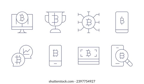Bitcoin icons. Editable stroke. Containing payment, talk, trophy, smartphone, chip, bitcoin, bitcoins.