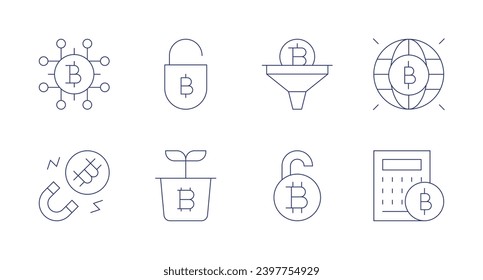 Bitcoin icons. Editable stroke. Containing money, magnet, lock, grow up, filter, bitcoin.