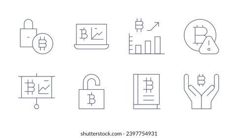 Bitcoin icons. Editable stroke. Containing padlock, presentation, analysis, unlock, statistics, bitcoin.