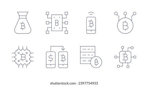 Iconos de bitcoin. Trazo editable. Con bolsa de dinero, programa, blockchain, exchange, bitcoin, link.