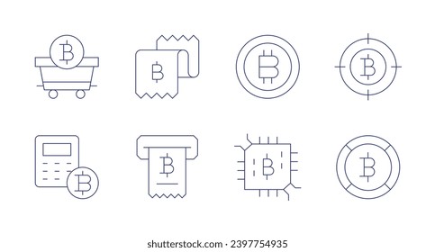 Iconos de bitcoin. Trazo editable. Con carga, calculadora, cheque, vale, bitcoin.