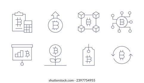 Bitcoin-Symbole. Bearbeitbarer Strich. Mit Dokument, Statistiken, Wertsteigerung, Wachstum, Kryptowährung, Bitcoin.