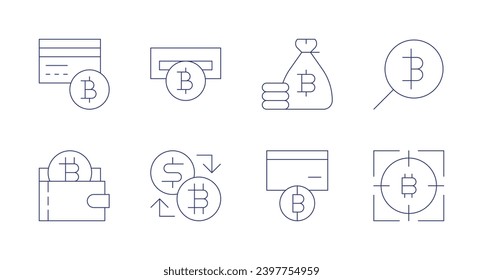 Bitcoin icons. Editable stroke. Containing credit card, wallet, atm machine, exchange, money bag, bitcoin.