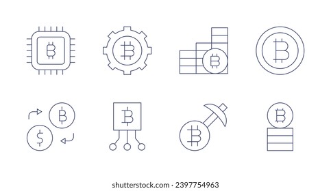 Bitcoin-Symbole. Bearbeitbarer Strich. Mit Chip, Geldwechsel, Bitcoin, Bitcoins.
