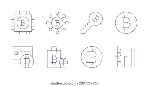 Bitcoin icons. Editable stroke. Containing chip, credit card, connection, shopping bag, analytics, key, bitcoin.