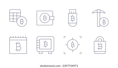 Bitcoin icons. Editable stroke. Containing calculator, calendar, wallet, safe box, bitcoin, bitcoin mining.