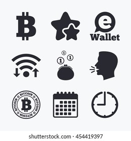 Bitcoin icons. Electronic wallet sign. Cash money symbol. Wifi internet, favorite stars, calendar and clock. Talking head. Vector