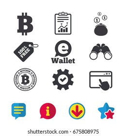 Bitcoin icons. Electronic wallet sign. Cash money symbol. Browser window, Report and Service signs. Binoculars, Information and Download icons. Stars and Chat. Vector