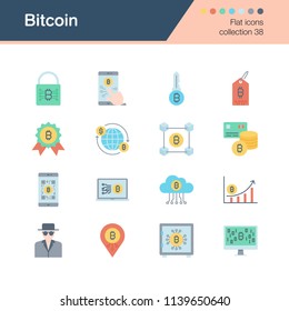 Bitcoin icons. Flat design collection 38. For presentation, graphic design, mobile application, web design, infographics. Vector illustration.
