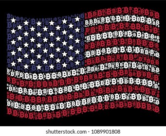 Bitcoin icons are grouped into waving American flag mosaic on a dark background. Vector composition of American state flag is made of Bitcoin elements. Designed for political and patriotic agitprop.