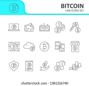 Bitcoin icons. Line icons collection on white background. Bitcoin code, digital money, bitcoin transaction. Mining concept. Vector illustration can be used for topic like finance, internet, commerce