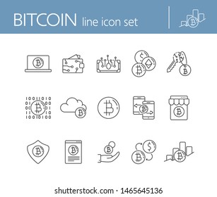 Bitcoin icons. Line icons collection on white background. Bitcoin code, digital money, bitcoin transaction. Mining concept. Vector illustration can be used for topic like finance, internet, commerce