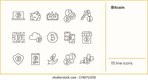 Bitcoin icons. Line icons collection on white background. Bitcoin code, digital money, bitcoin transaction. Mining concept. Vector illustration can be used for topic like finance, internet, commerce