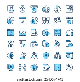 Bitcoin icons. Outline symbols. Vector blue line icons set