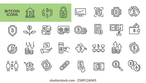 Bitcoin icons. Set of 31 trendy minimal icons. Exchange, lock, blockchain, microchip icon. Design signs for web page, mobile app, packaging design. Vector illustration
