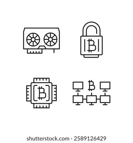 Bitcoin icons. Set of 4 trendy minimal icons. Exchange, lock, blockchain, microchip icon. Design signs for web page, mobile app, packaging design. 