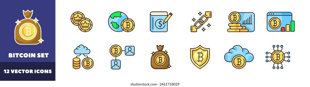 Conjunto de iconos de Bitcoin. Diseño de criptomonedas. Estilo plano. Iconos vectoriales