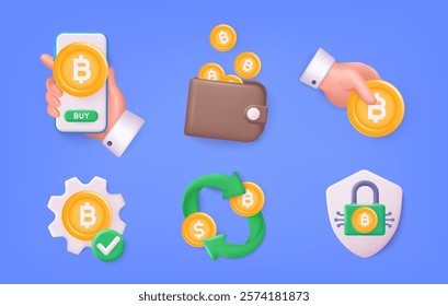 Bitcoin icons set: currency exchange, buy, save. 3D Web Vector Illustrations.